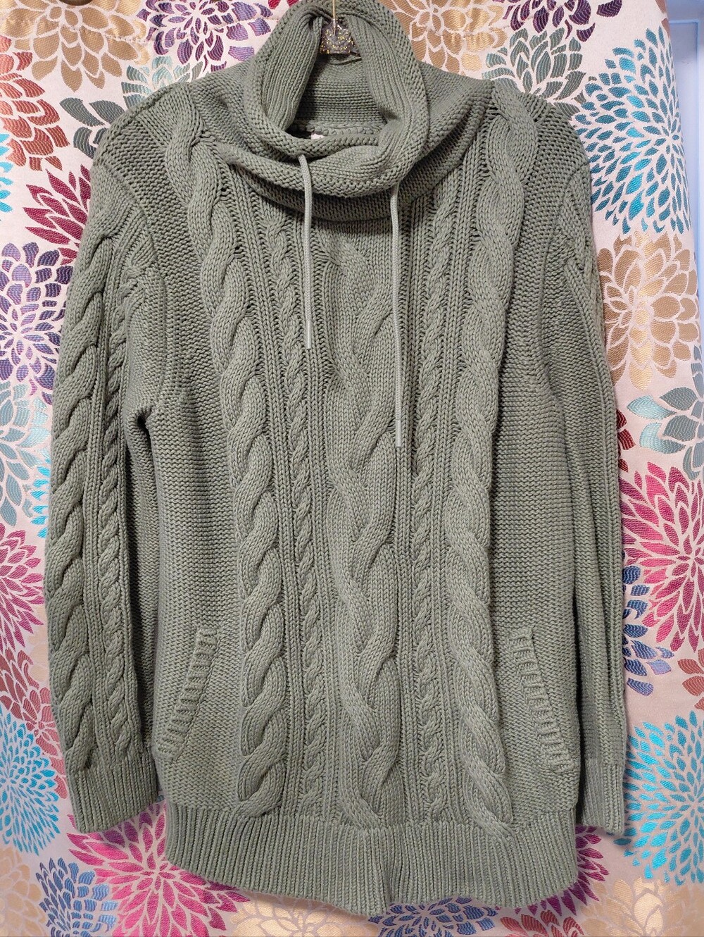 L.L. Bean Sage Green Cable Cowl Cotton Sweater W/Pockets